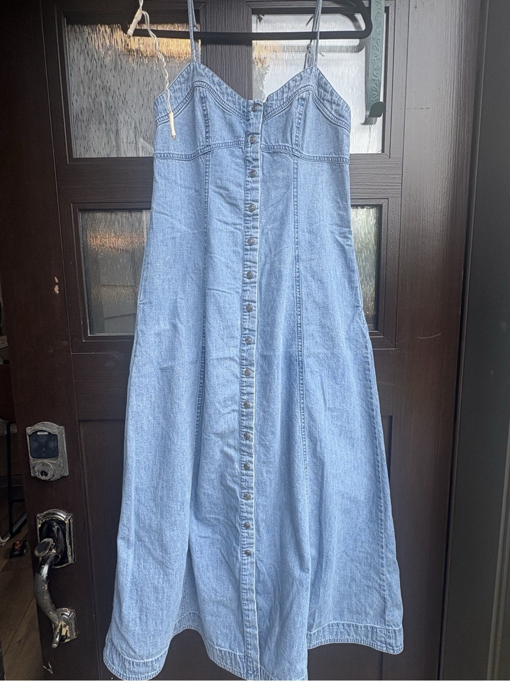 Free People Denim Maxi Dress S Button Front Bustier Smocked Back Boho Western